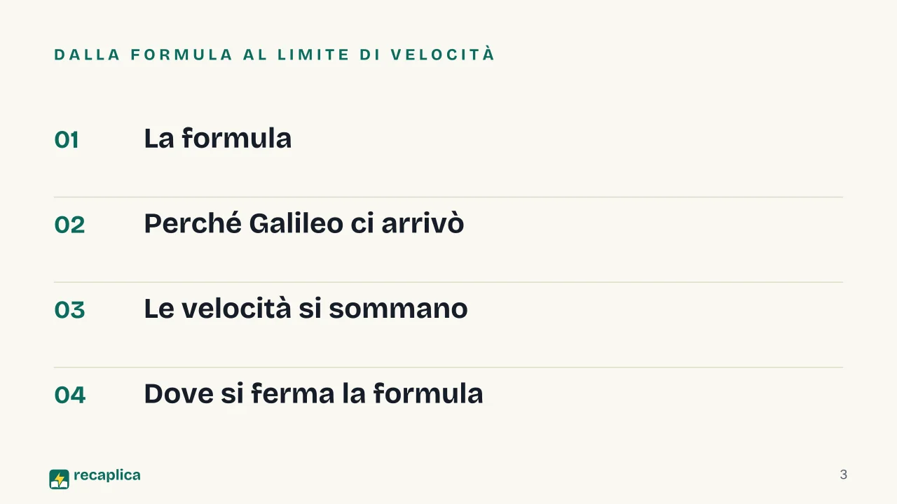 Slide 3 della presentazione su Trasformazioni di Galileo: Dalla formula al limite di velocità