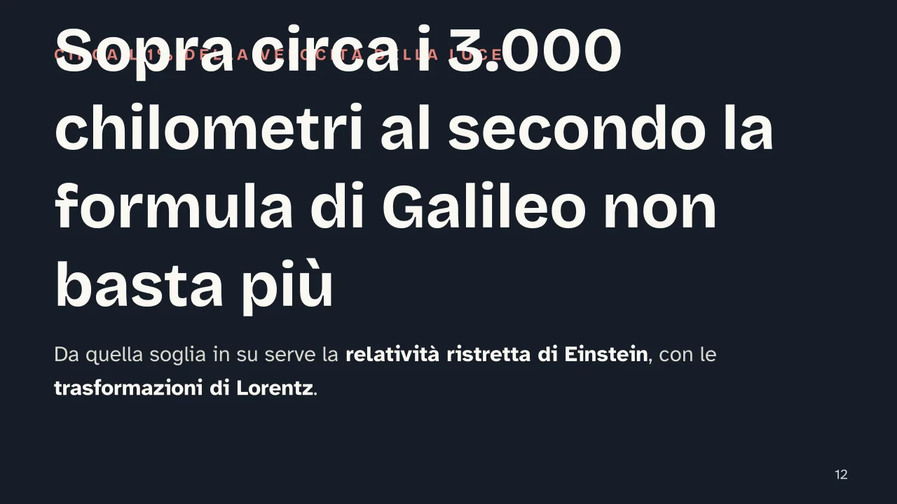 Slide 12 della presentazione su Trasformazioni di Galileo: Sopra circa i 3.000 chilometri al secondo la formula di Galileo non basta più