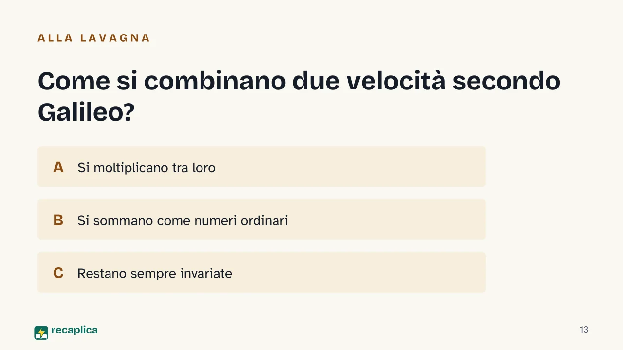 Slide 13 della presentazione su Trasformazioni di Galileo: Come si combinano due velocità secondo Galileo?