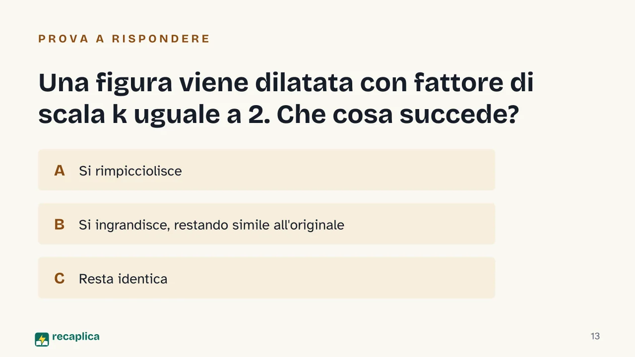 Slide 13 della presentazione su Trasformazioni geometriche: Una figura viene dilatata con fattore di scala k uguale a 2. Che cosa succede?
