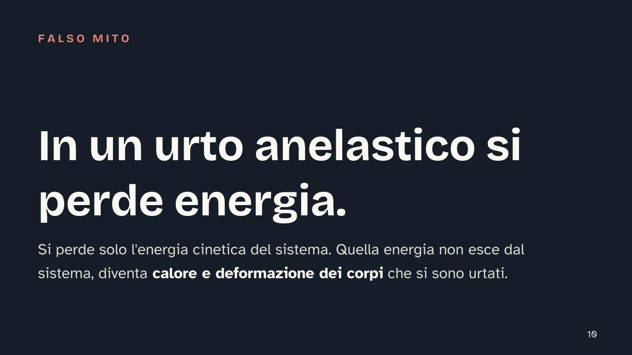 Slide 10 della presentazione su Urto anelastico e urto elastico: In un urto anelastico si perde energia.