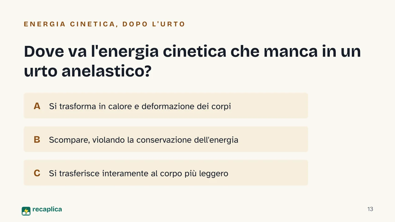 Slide 13 della presentazione su Urto anelastico e urto elastico: Dove va l'energia cinetica che manca in un urto anelastico?