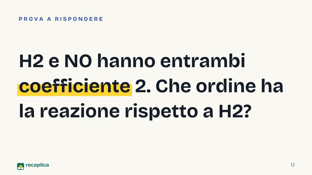 Slide 12 della presentazione su Velocità di reazione: H2 e NO hanno entrambi coefficiente 2. Che ordine ha la reazione rispetto a H2?