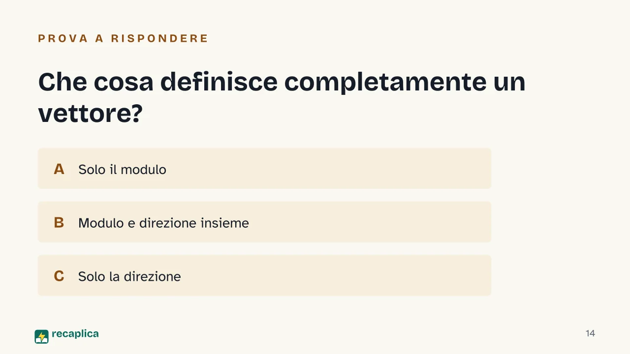 Slide 14 della presentazione su Vettori: Che cosa definisce completamente un vettore?