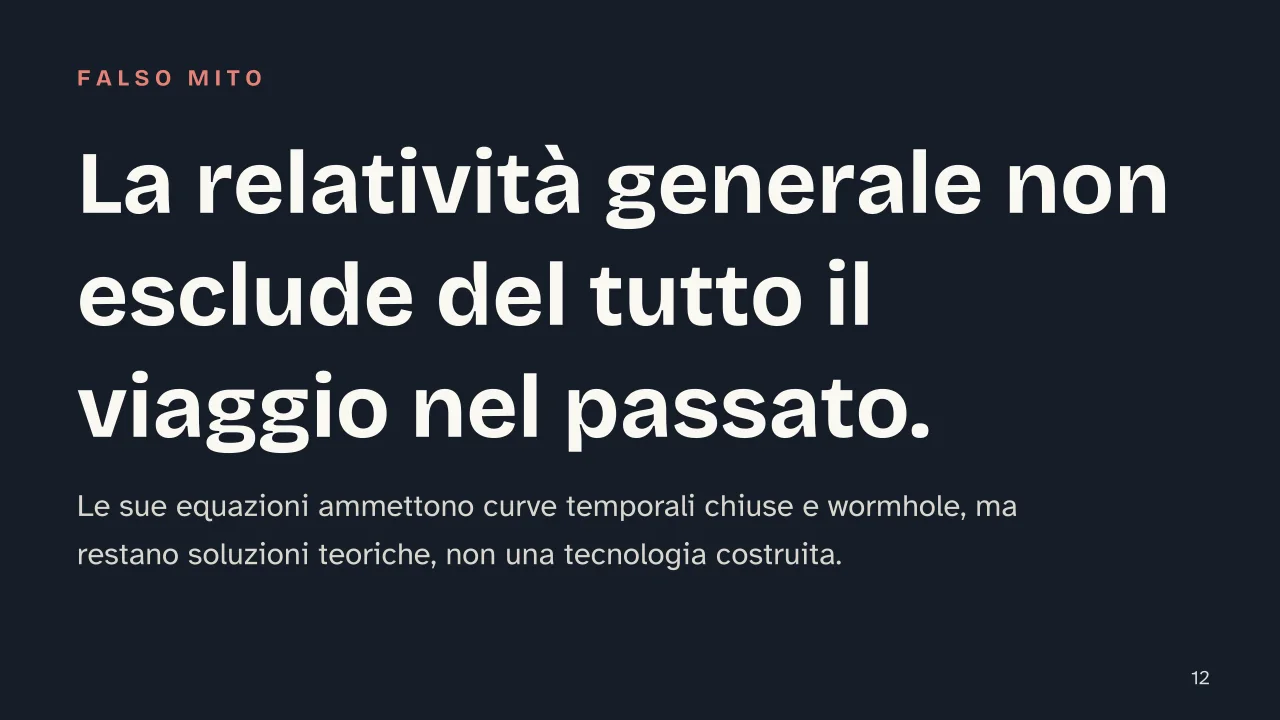 Slide 12 della presentazione su Viaggio nel tempo: La relatività generale non esclude del tutto il viaggio nel passato.