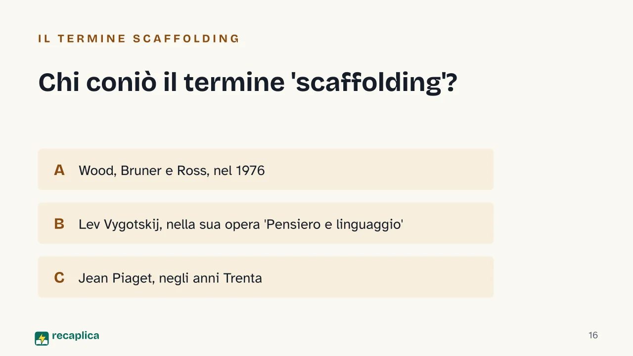 Slide 16 della presentazione su Vygotskij e la zona di sviluppo prossimale: Chi coniò il termine 'scaffolding'?