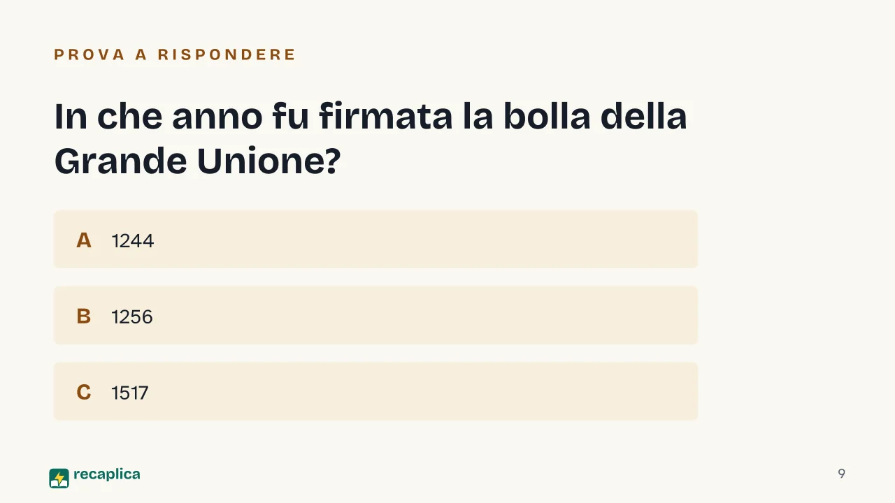 Slide 9 della presentazione su Agostiniani: In che anno fu firmata la bolla della Grande Unione?
