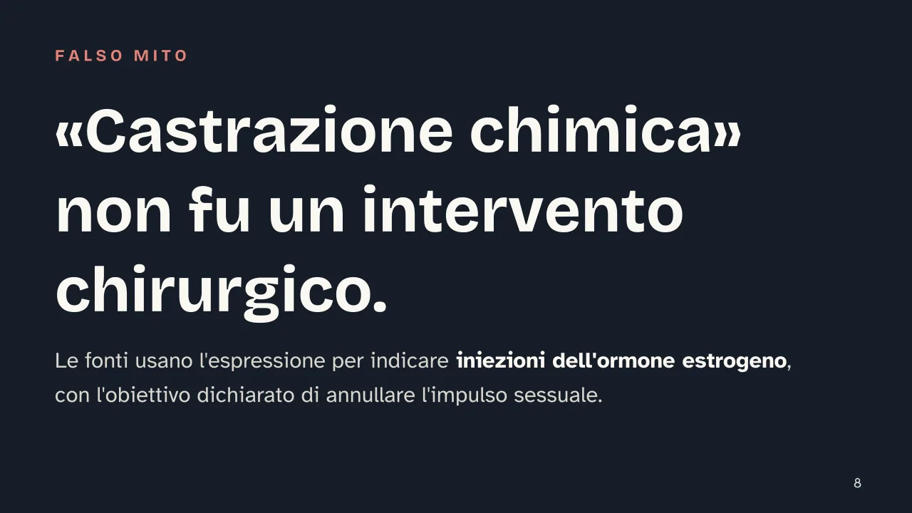Slide 8 della presentazione su Alan Turing e l'omosessualità: «Castrazione chimica» non fu un intervento chirurgico.