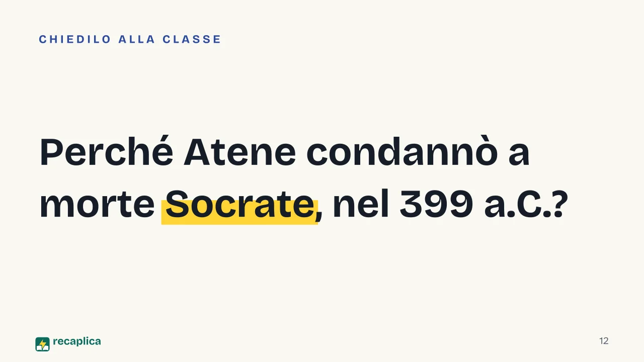 Slide 12 della presentazione su Antica Grecia: Perché Atene condannò a morte Socrate, nel 399 a.C.?