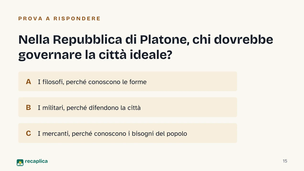 Slide 15 della presentazione su Aristotele e Platone: Nella Repubblica di Platone, chi dovrebbe governare la città ideale?