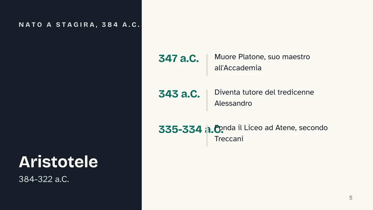 Slide 5 della presentazione su Aristotele: Nato a Stagira, 384 a.C.