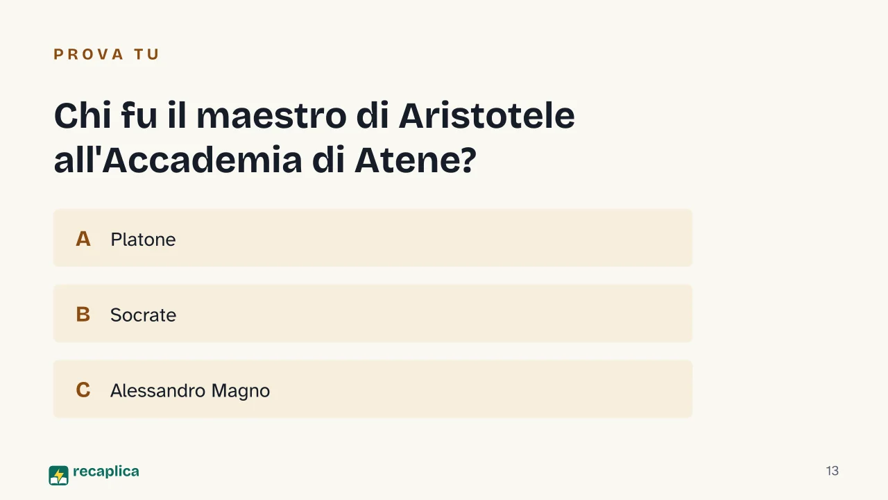 Slide 13 della presentazione su Aristotele: Chi fu il maestro di Aristotele all'Accademia di Atene?