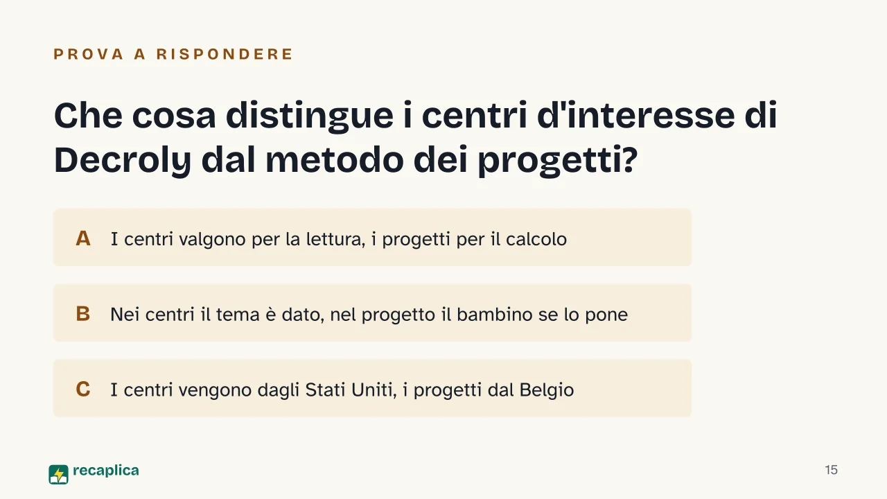 Slide 15 della presentazione su Attivismo pedagogico: Che cosa distingue i centri d'interesse di Decroly dal metodo dei progetti?