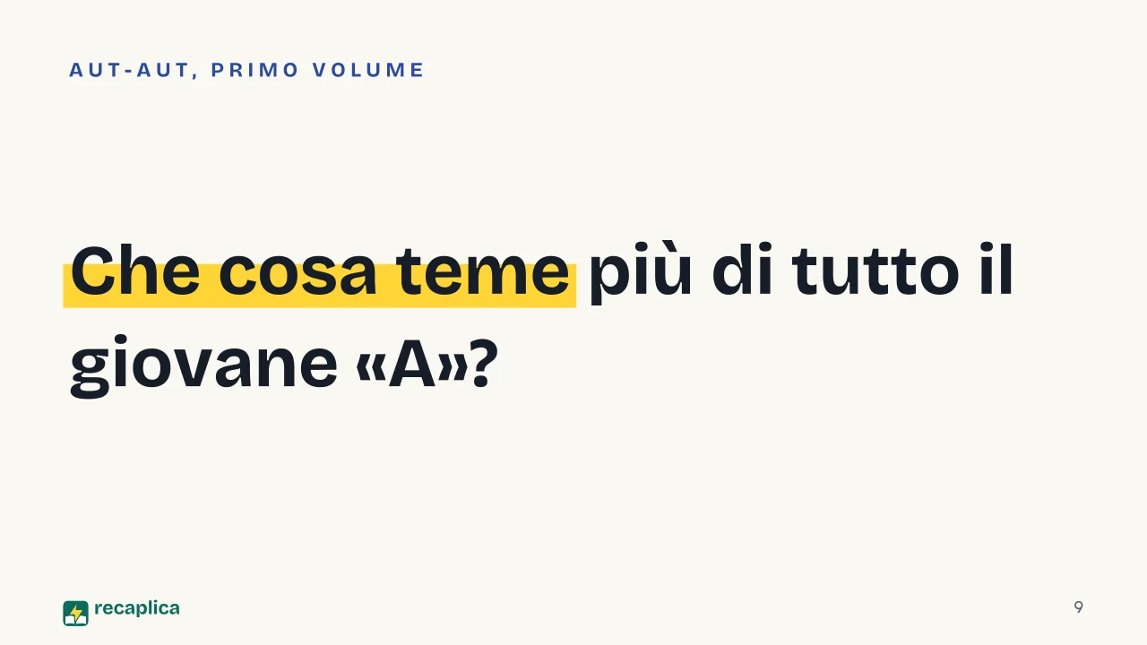 Slide 9 della presentazione su Aut-Aut di Kierkegaard: Che cosa teme più di tutto il giovane «A»?