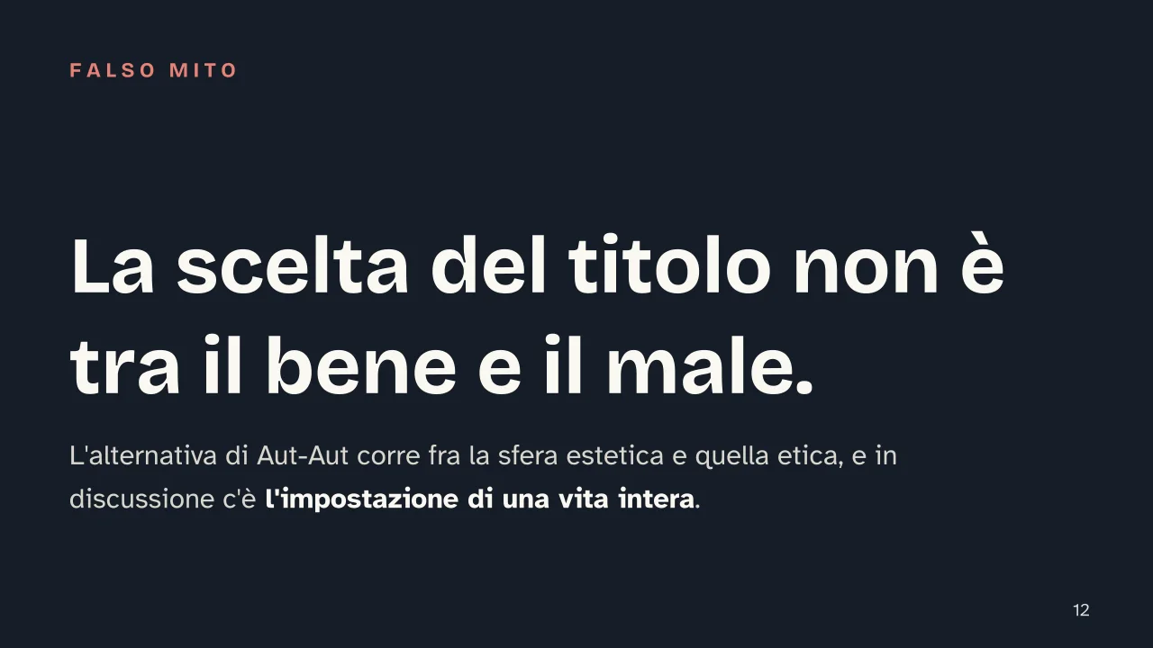 Slide 12 della presentazione su Aut-Aut di Kierkegaard: La scelta del titolo non è tra il bene e il male.