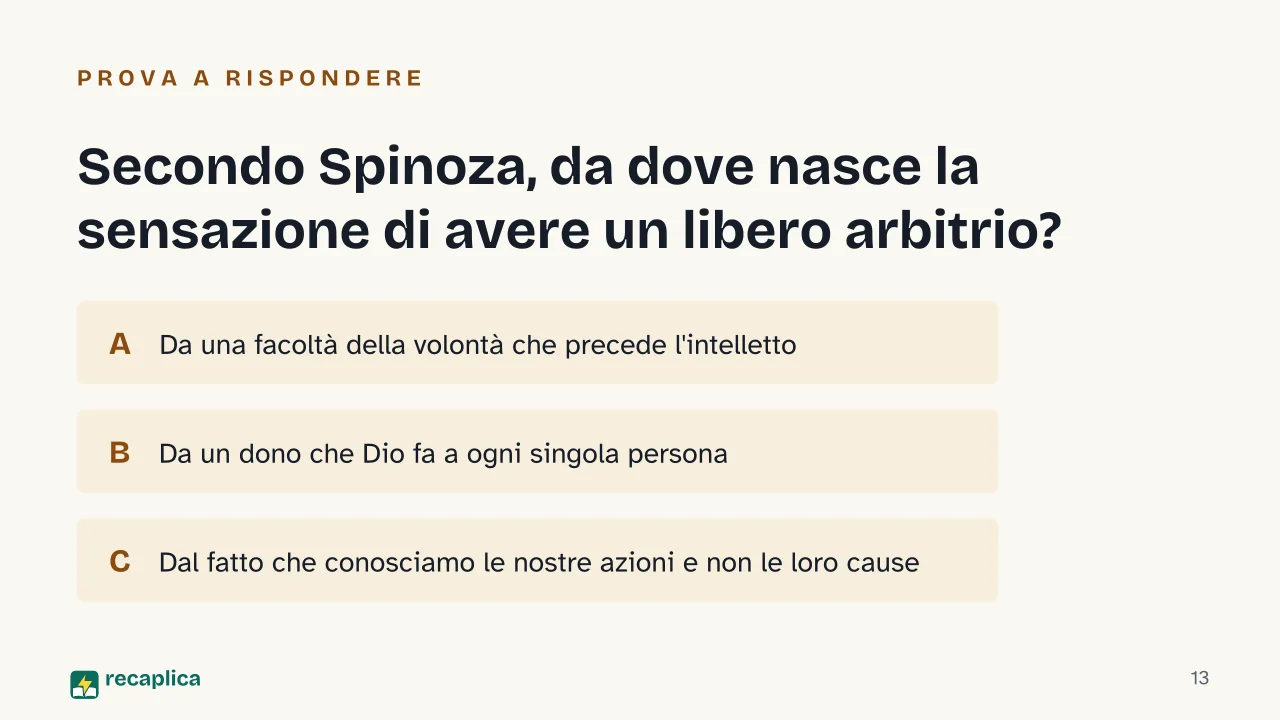 Slide 13 della presentazione su Spinoza: Secondo Spinoza, da dove nasce la sensazione di avere un libero arbitrio?