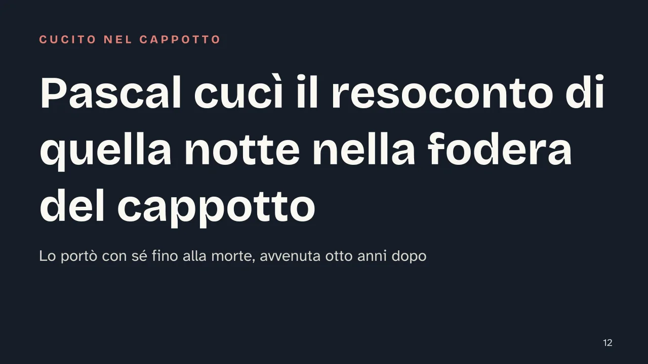 Slide 12 della presentazione su Blaise Pascal: Pascal cucì il resoconto di quella notte nella fodera del cappotto