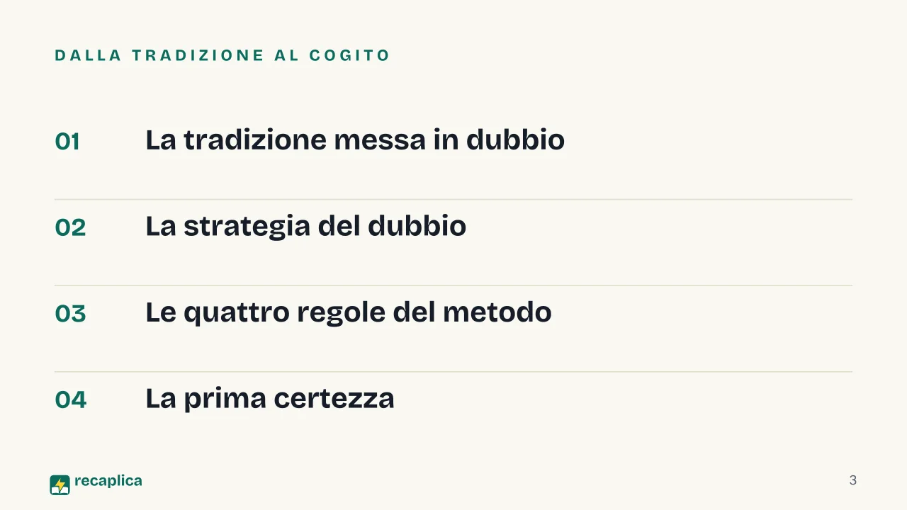 Slide 3 della presentazione su Cartesio e il problema del metodo: Dalla tradizione al cogito