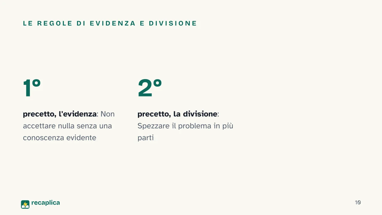 Slide 10 della presentazione su Cartesio e il problema del metodo: Le regole di evidenza e divisione