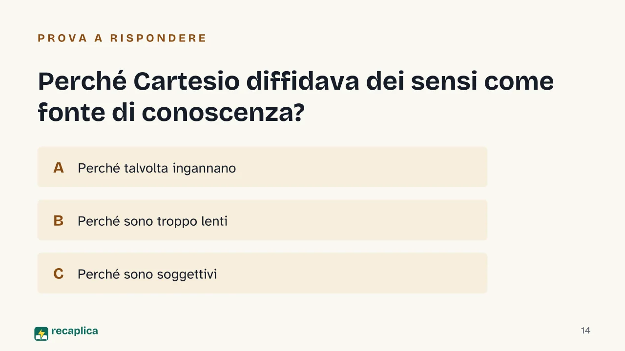 Slide 14 della presentazione su Cartesio e il problema del metodo: Perché Cartesio diffidava dei sensi come fonte di conoscenza?