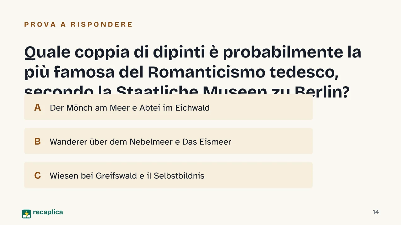 Slide 14 della presentazione su Caspar David Friedrich: Quale coppia di dipinti è probabilmente la più famosa del Romanticismo tedesco, secondo la Staatliche Museen zu Berlin?