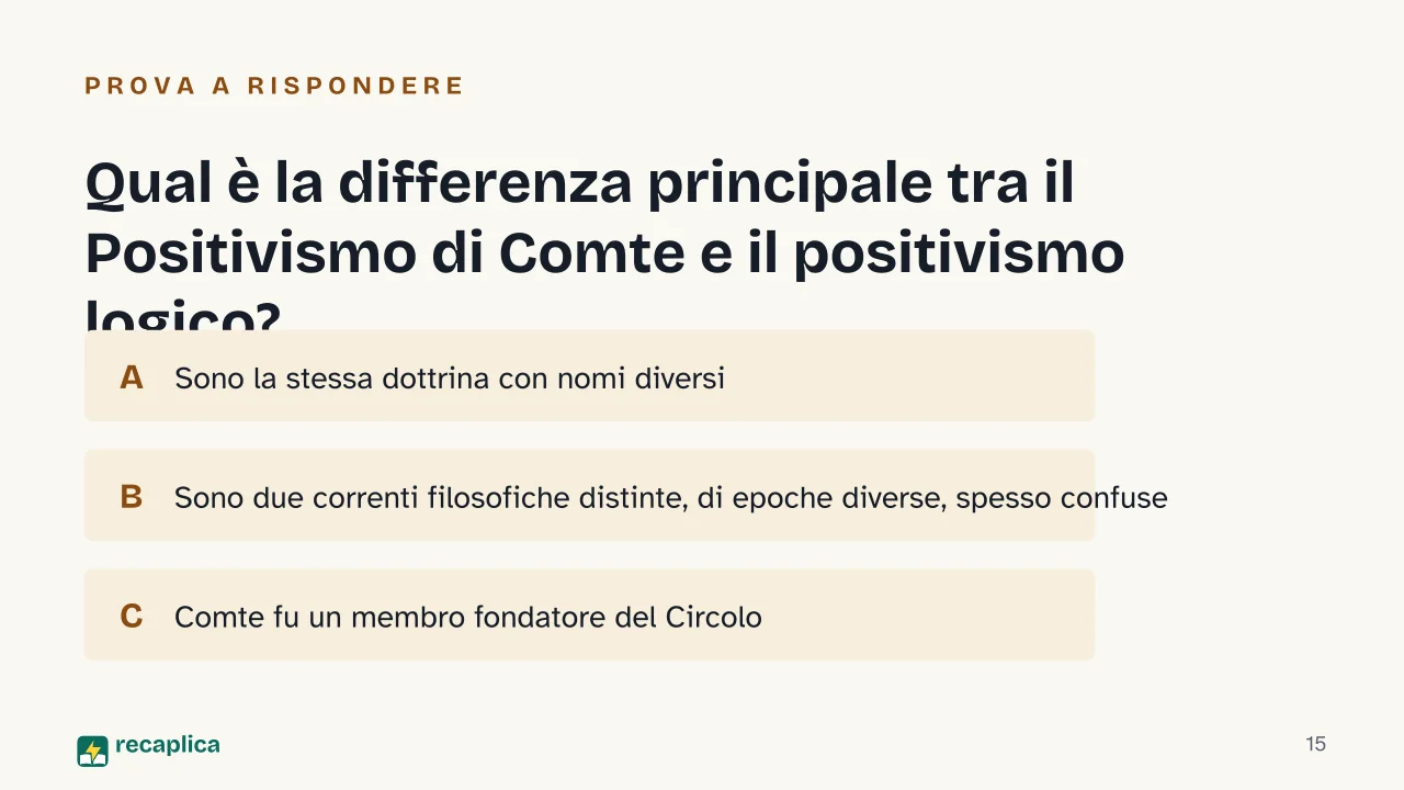 Slide 15 della presentazione su Circolo di Vienna: Qual è la differenza principale tra il Positivismo di Comte e il positivismo logico?