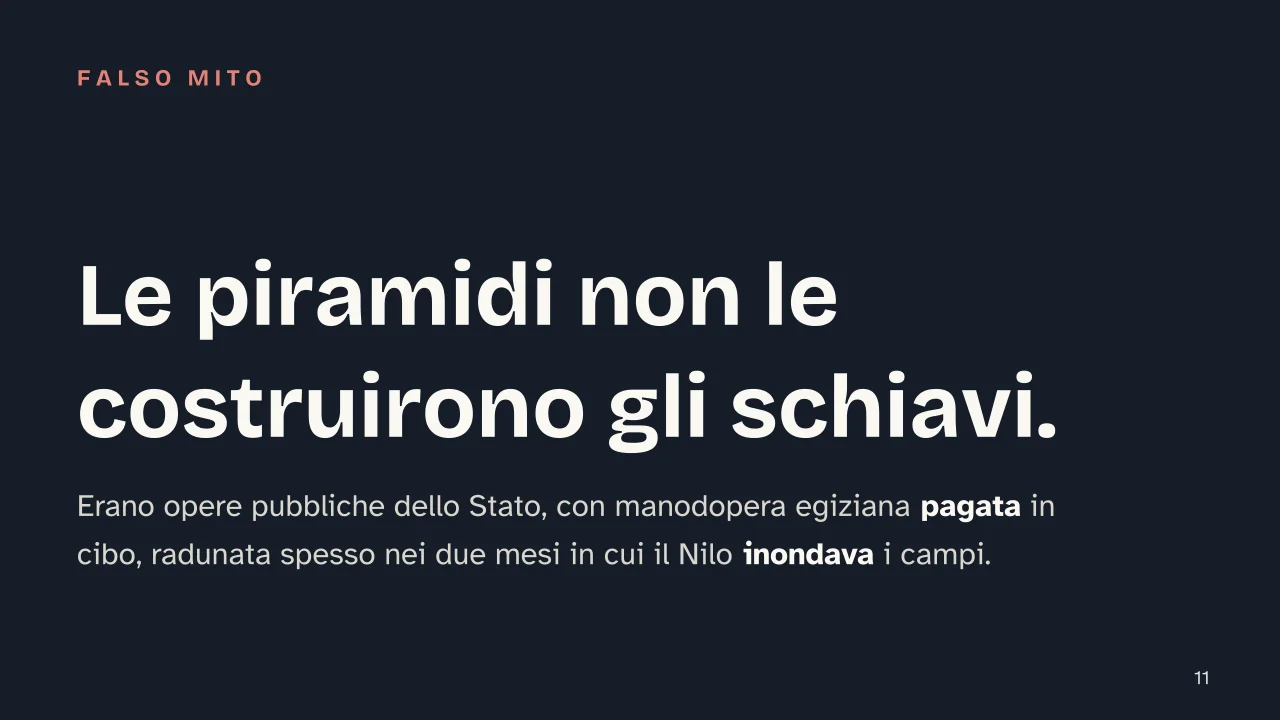 Slide 11 della presentazione su Civiltà egizia: Le piramidi non le costruirono gli schiavi.