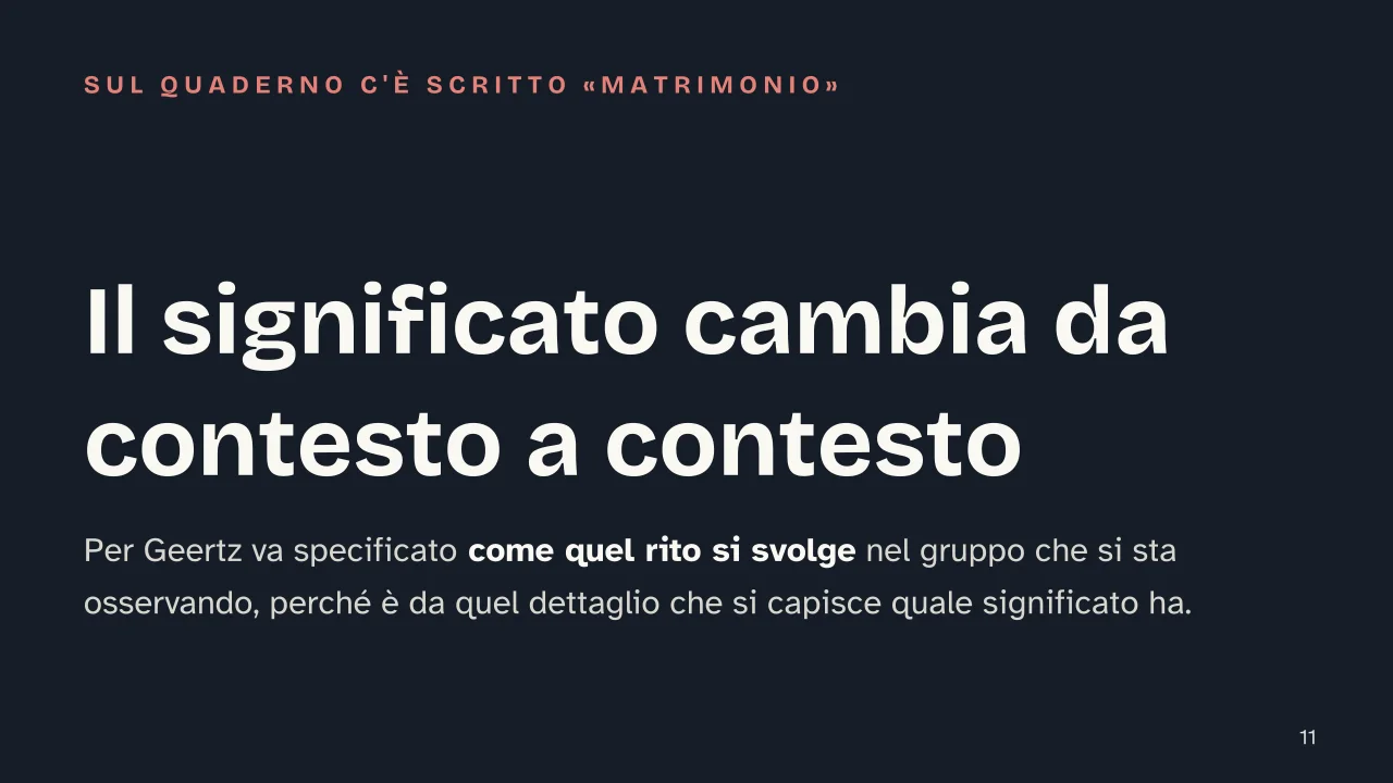 Slide 11 della presentazione su Clifford Geertz: Il significato cambia da contesto a contesto