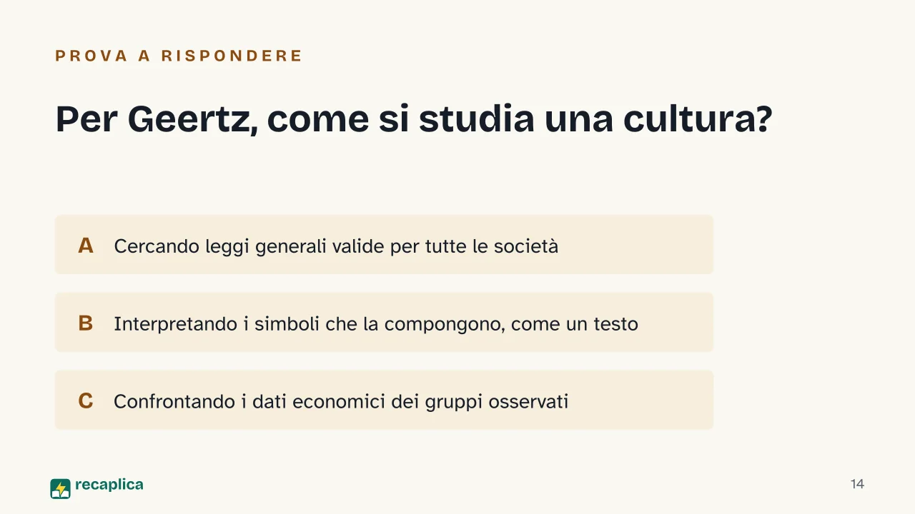 Slide 14 della presentazione su Clifford Geertz: Per Geertz, come si studia una cultura?