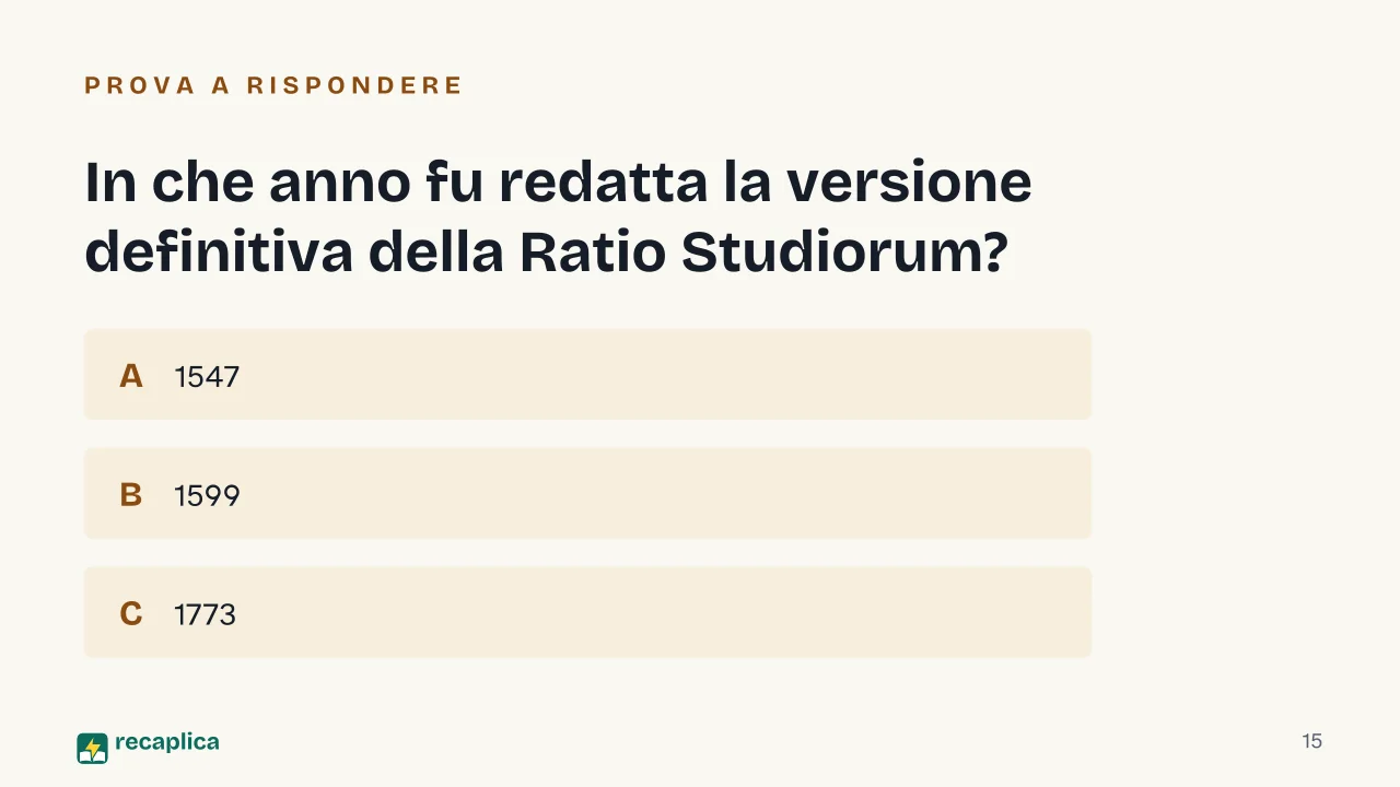 Slide 15 della presentazione su Collegi gesuiti, la Ratio Studiorum e il modello educativo della Controriforma: In che anno fu redatta la versione definitiva della Ratio Studiorum?