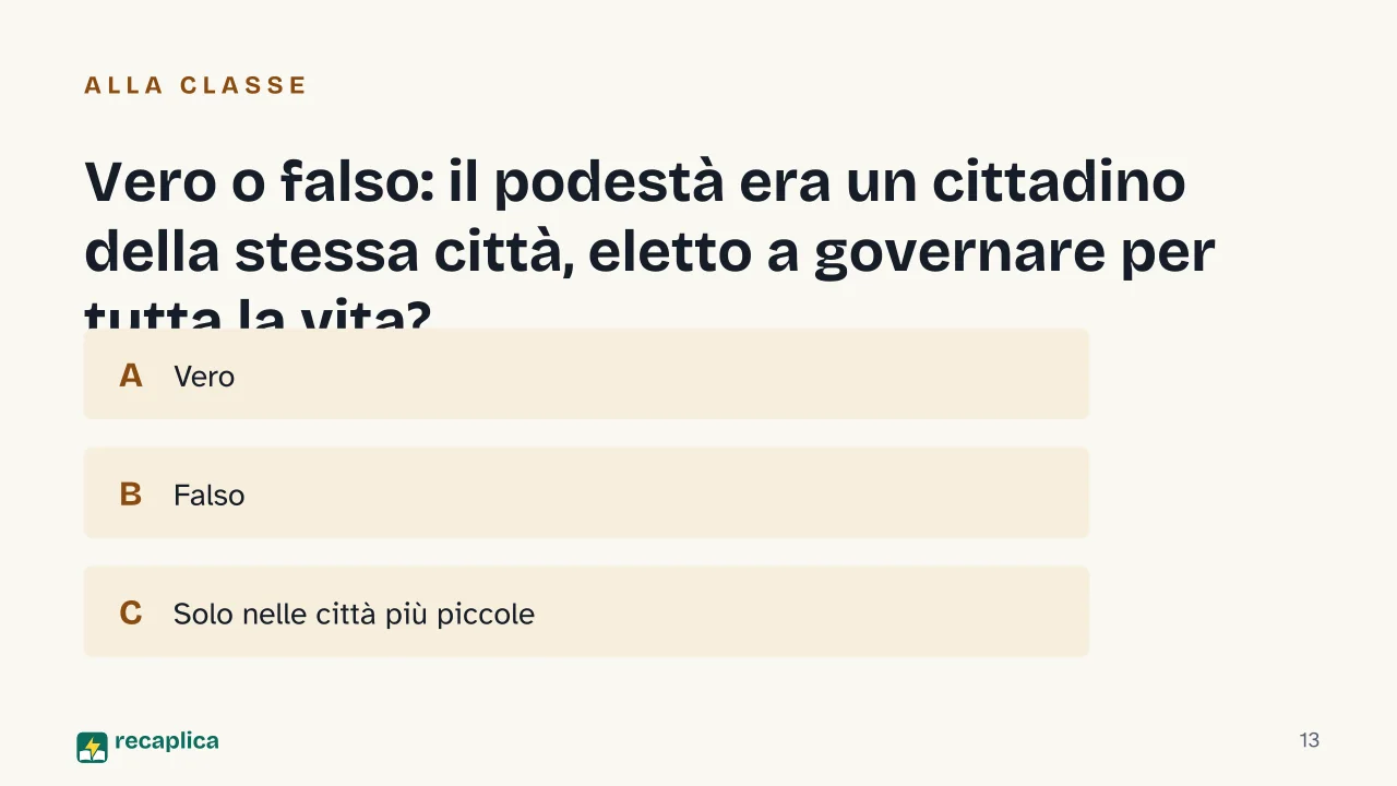 Slide 13 della presentazione su Comune medievale: Vero o falso: il podestà era un cittadino della stessa città, eletto a governare per tutta la vita?