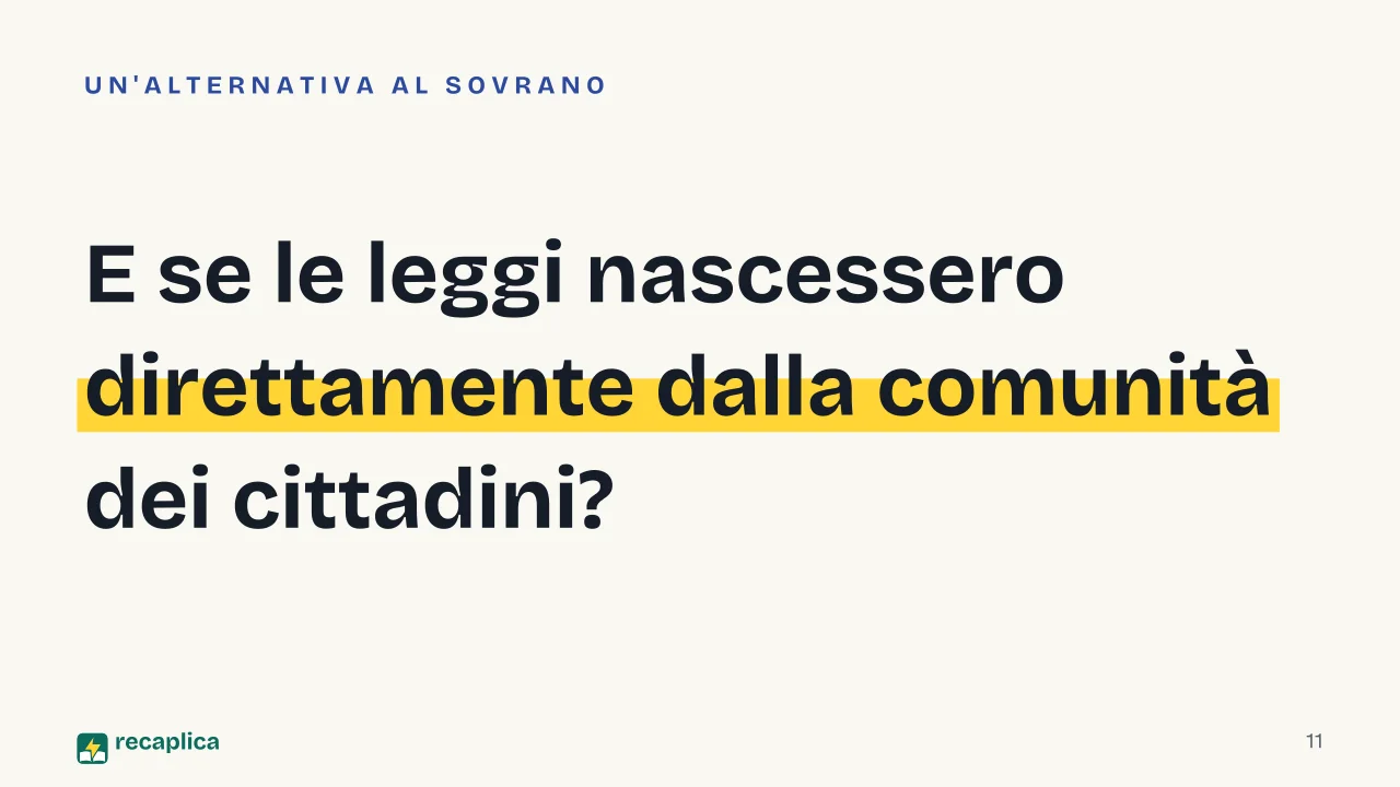 Slide 11 della presentazione su Contratto sociale: E se le leggi nascessero direttamente dalla comunità dei cittadini?