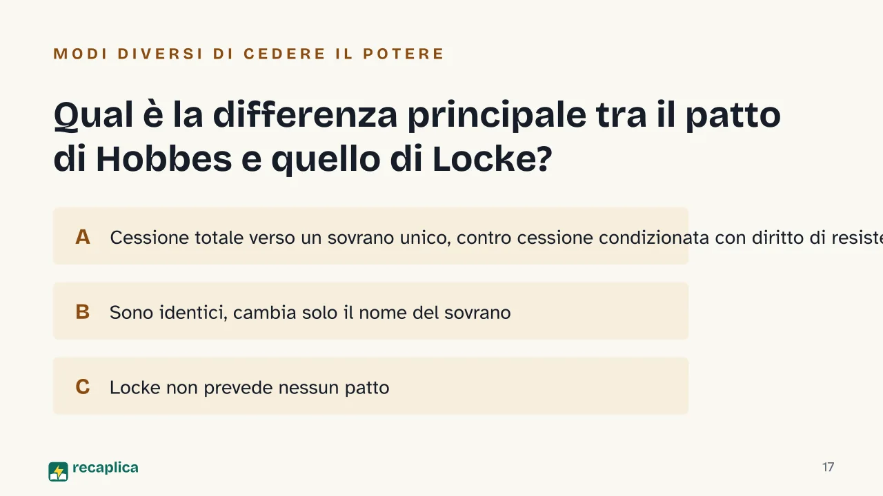 Slide 17 della presentazione su Contratto sociale: Qual è la differenza principale tra il patto di Hobbes e quello di Locke?
