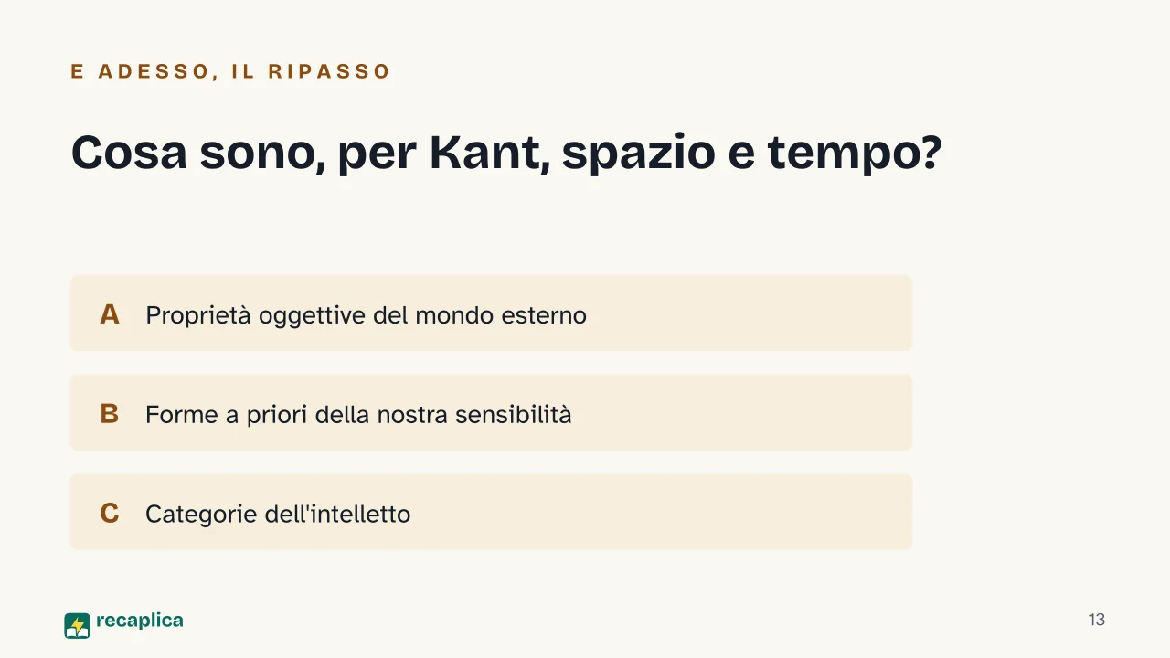 Slide 13 della presentazione su Critica della ragion pura di Kant: Cosa sono, per Kant, spazio e tempo?