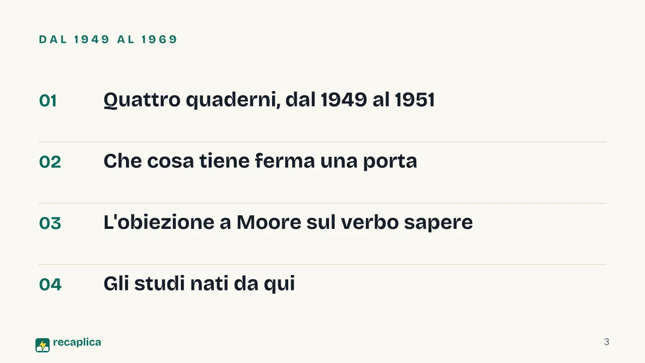 Slide 3 della presentazione su «Della certezza» di Wittgenstein e le proposizioni-cardine: Dal 1949 al 1969