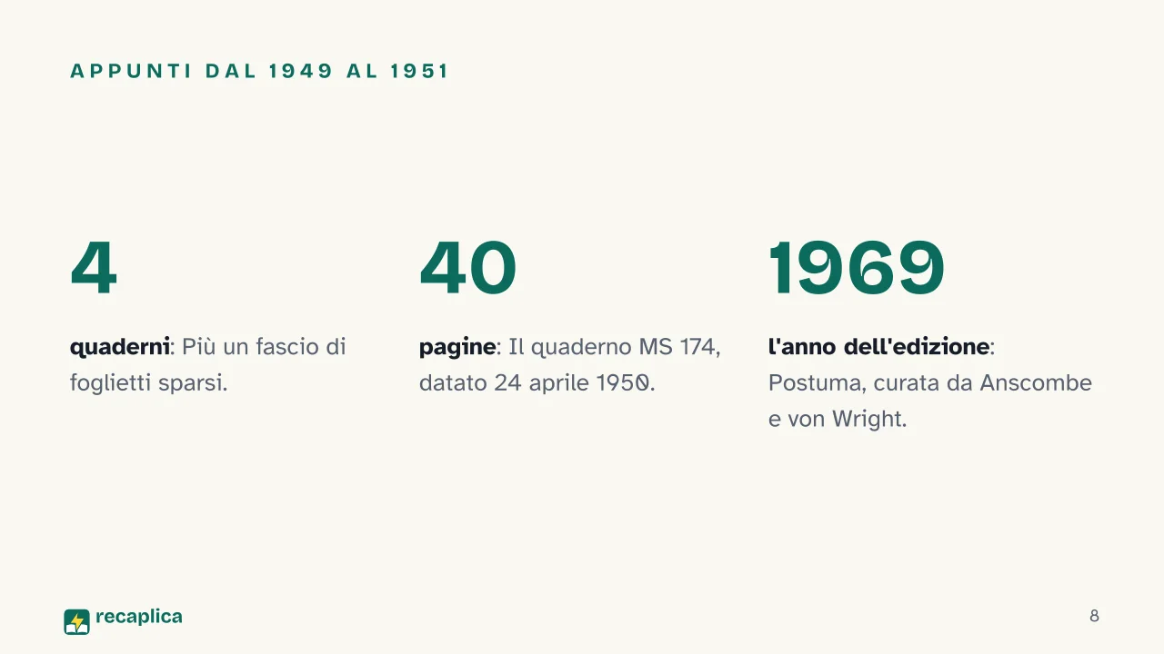 Slide 8 della presentazione su «Della certezza» di Wittgenstein e le proposizioni-cardine: Appunti dal 1949 al 1951