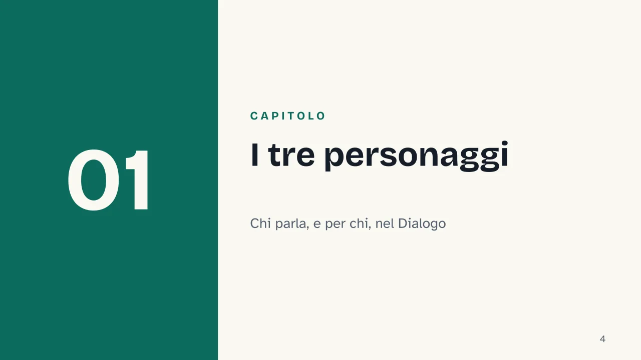 Slide 4 della presentazione su Dialogo sopra i due massimi sistemi del mondo: Capitolo 01: I tre personaggi