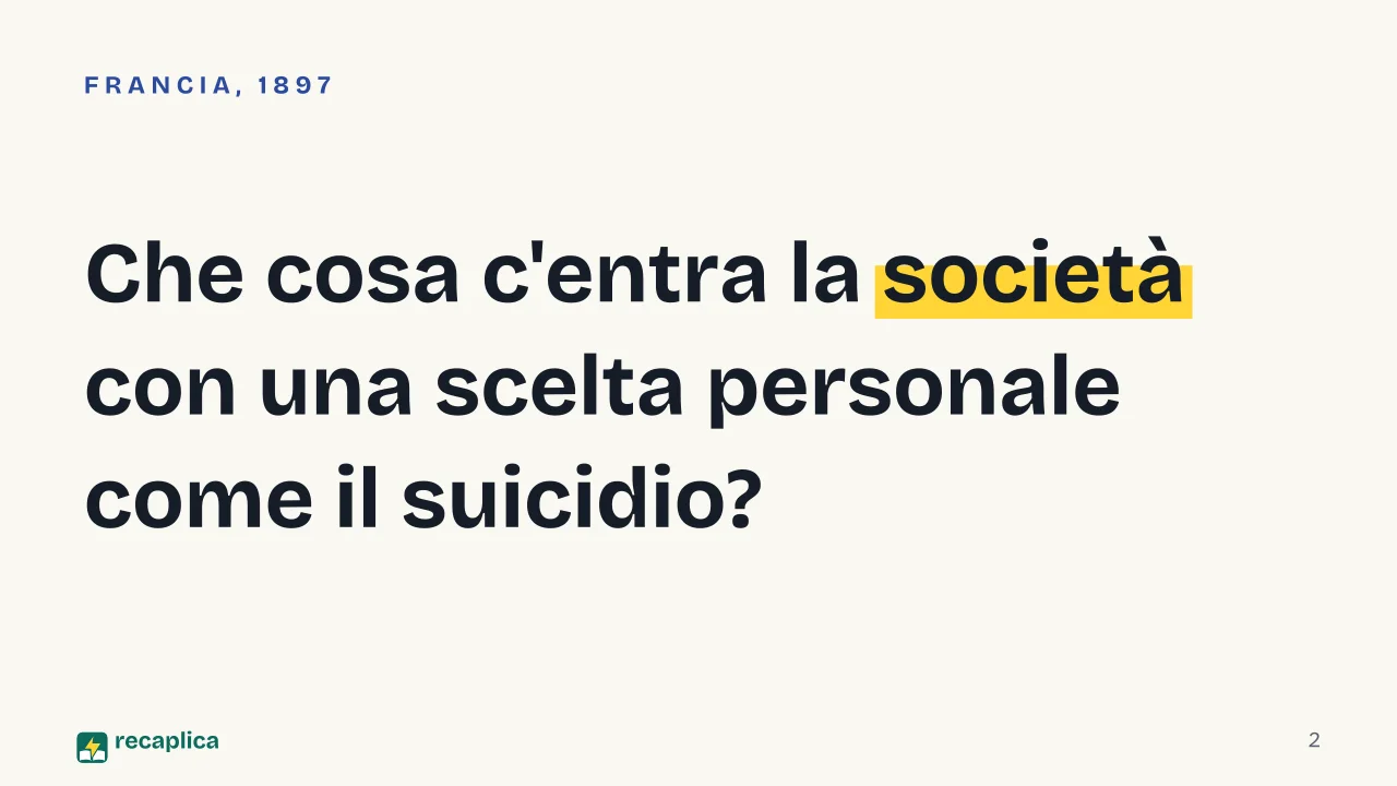 Slide 2 della presentazione su Émile Durkheim: Che cosa c'entra la società con una scelta personale come il suicidio?