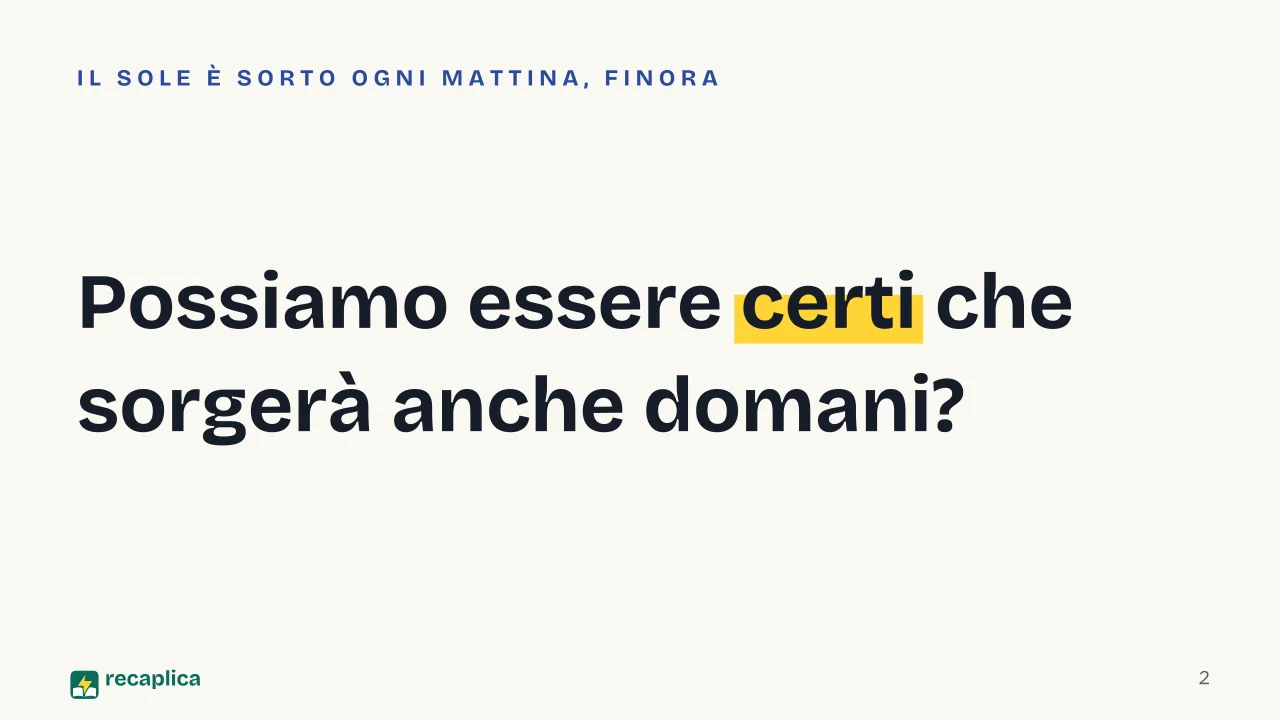 Slide 2 della presentazione su David Hume: Possiamo essere certi che sorgerà anche domani?