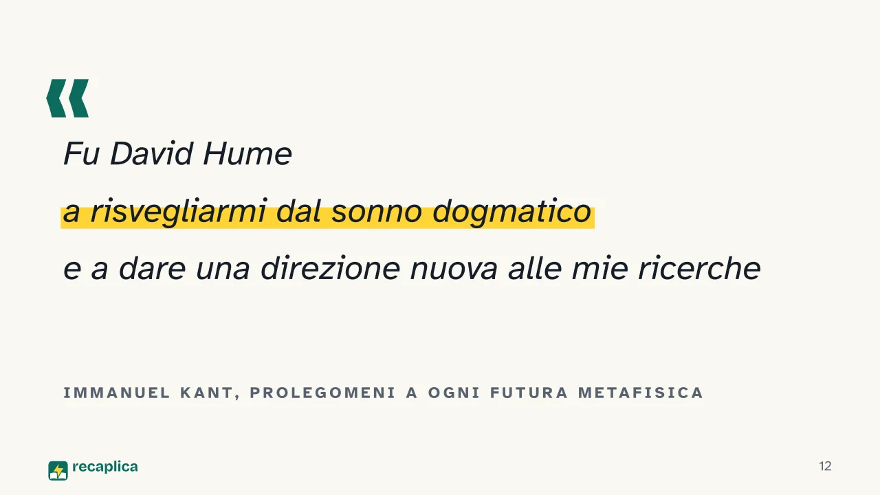Slide 12 della presentazione su David Hume: Immanuel Kant, Prolegomeni a ogni futura metafisica