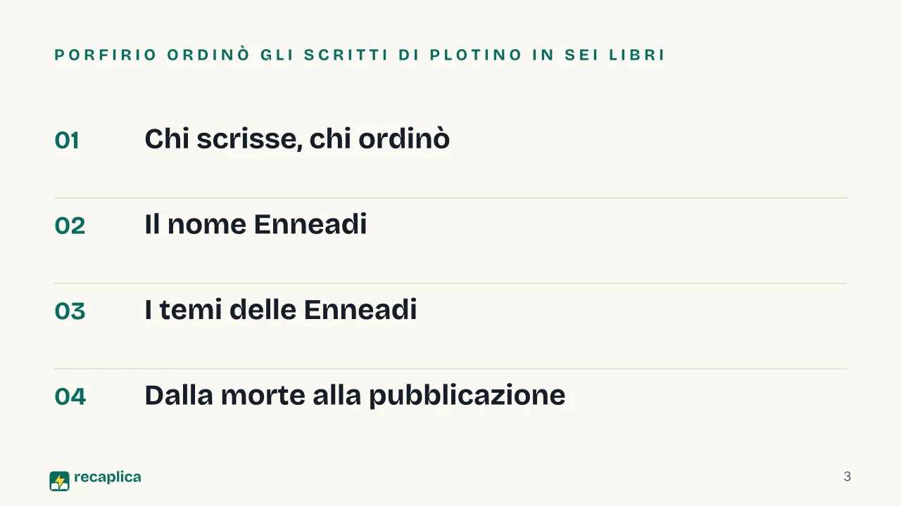 Slide 3 della presentazione su Le Enneadi di Plotino, cosa sono e come sono organizzate: Porfirio ordinò gli scritti di Plotino in sei libri