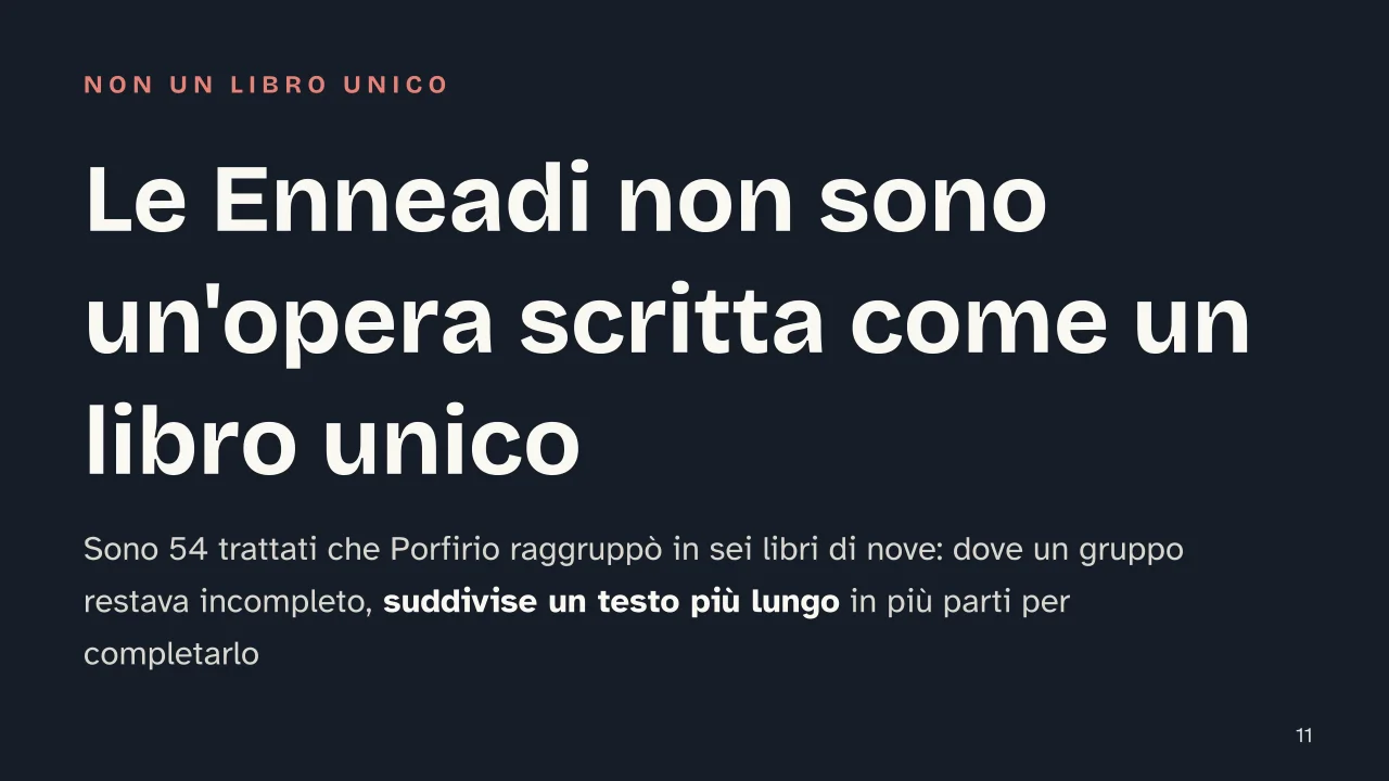 Slide 11 della presentazione su Le Enneadi di Plotino, cosa sono e come sono organizzate: Le Enneadi non sono un'opera scritta come un libro unico