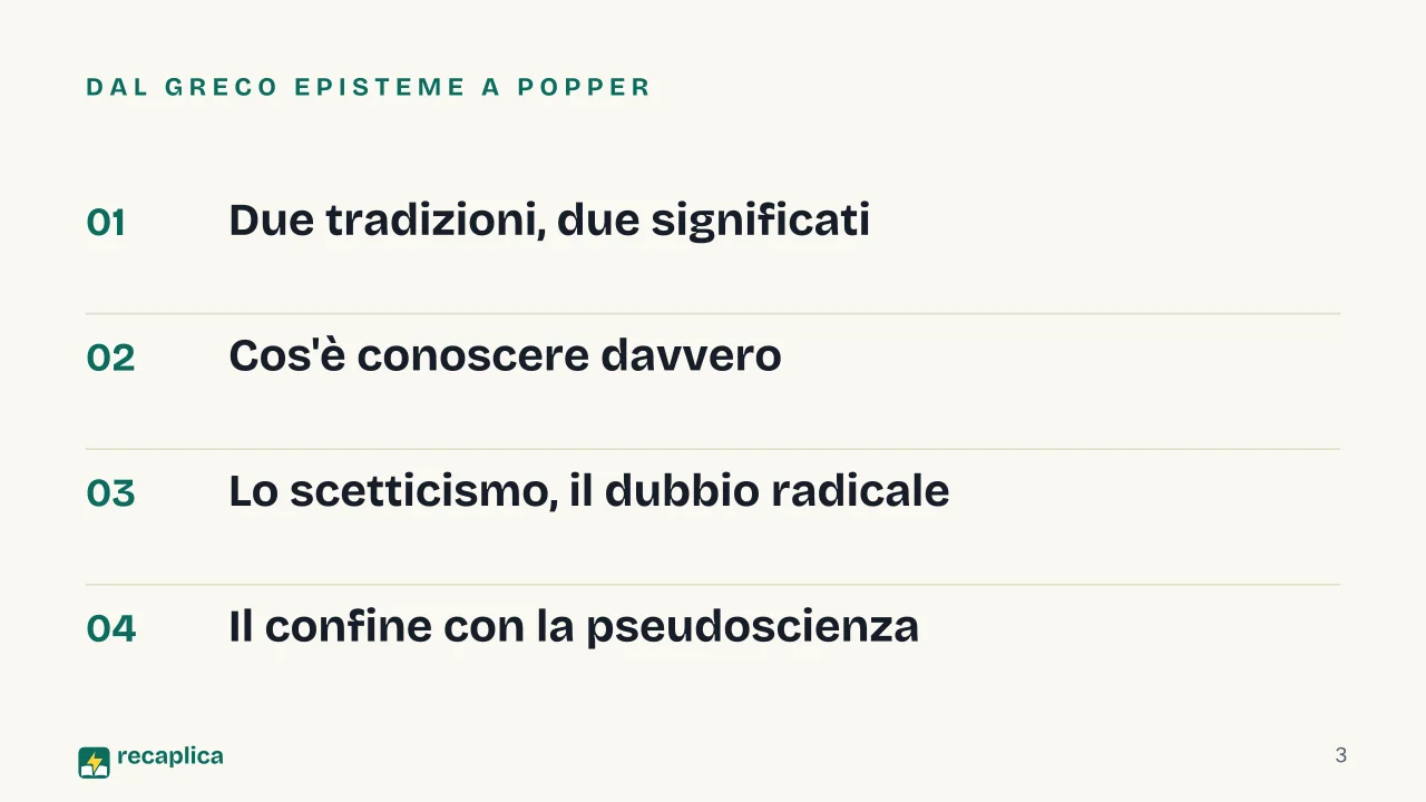Slide 3 della presentazione su Epistemologia: Dal greco episteme a Popper