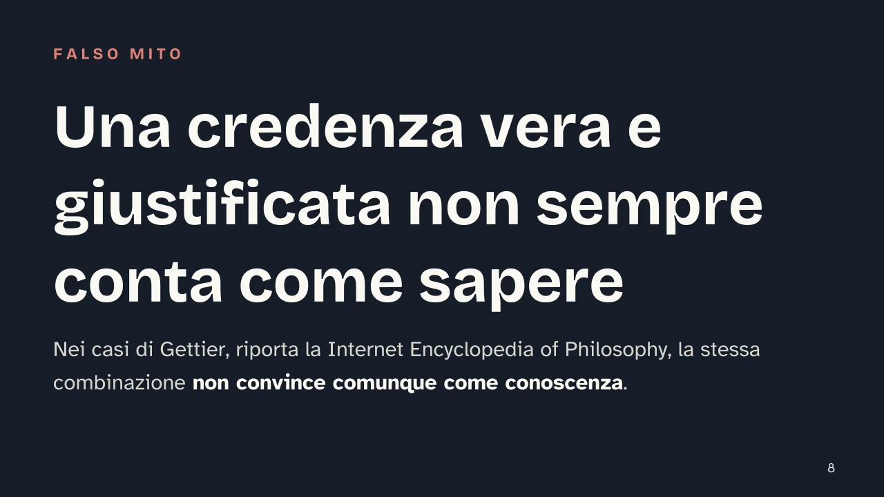 Slide 8 della presentazione su Epistemologia: Una credenza vera e giustificata non sempre conta come sapere