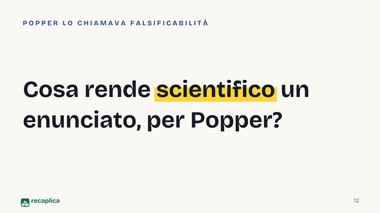 Slide 12 della presentazione su Epistemologia: Cosa rende scientifico un enunciato, per Popper?