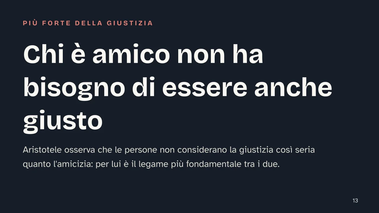 Slide 13 della presentazione su Etica Nicomachea: Chi è amico non ha bisogno di essere anche giusto