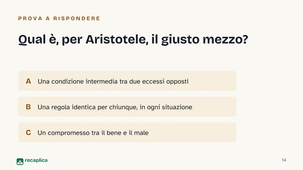 Slide 14 della presentazione su Etica Nicomachea: Qual è, per Aristotele, il giusto mezzo?