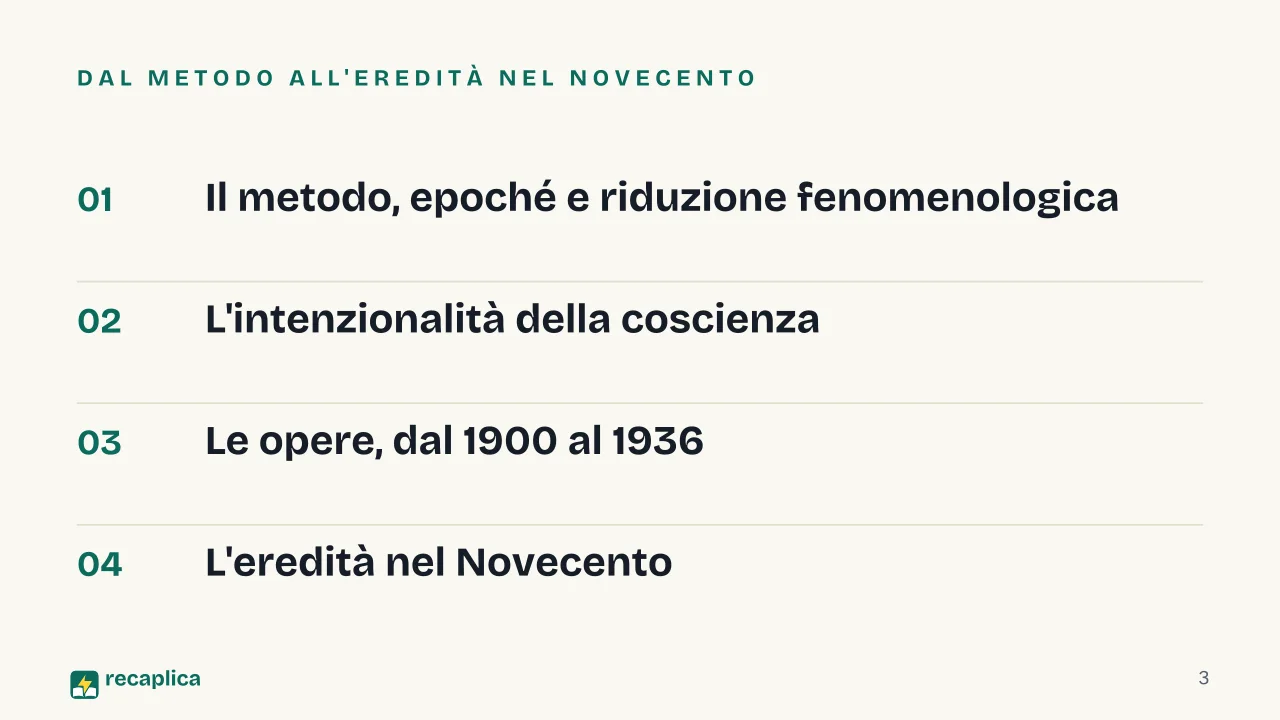 Slide 3 della presentazione su Husserl e la fenomenologia: Dal metodo all'eredità nel Novecento