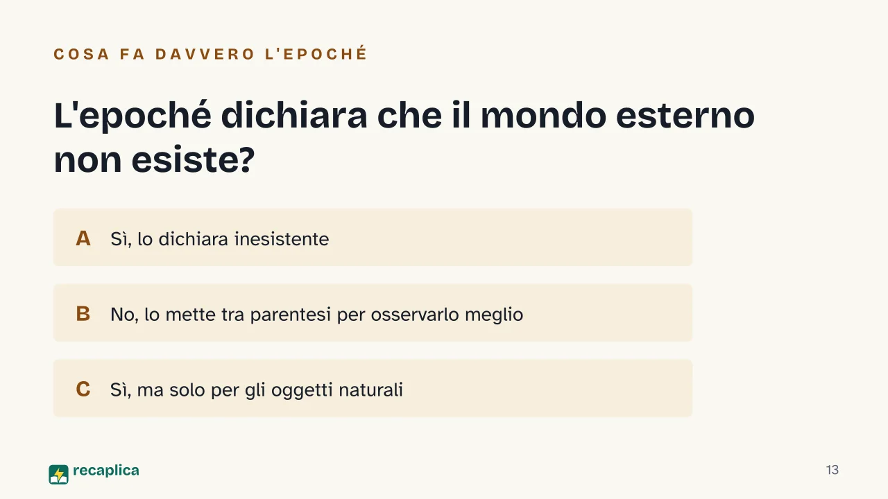 Slide 13 della presentazione su Husserl e la fenomenologia: L'epoché dichiara che il mondo esterno non esiste?