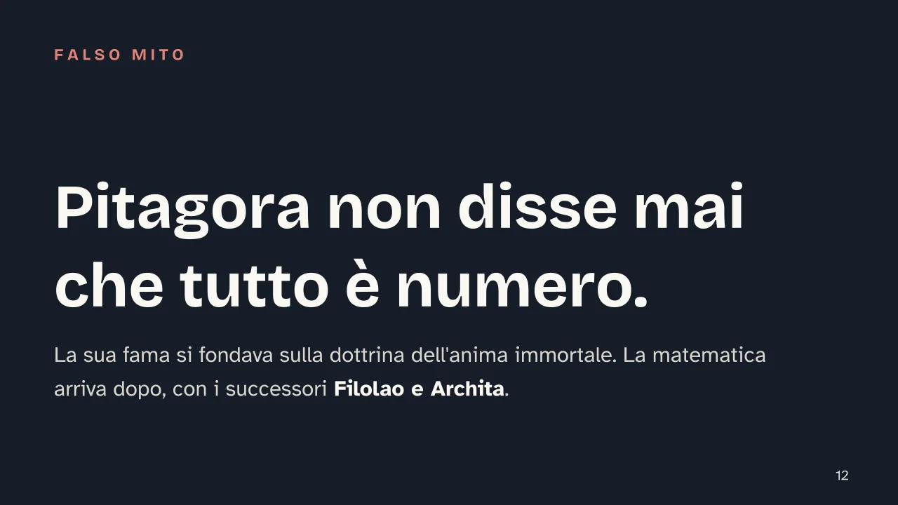 Slide 12 della presentazione su Filosofi presocratici: Pitagora non disse mai che tutto è numero.